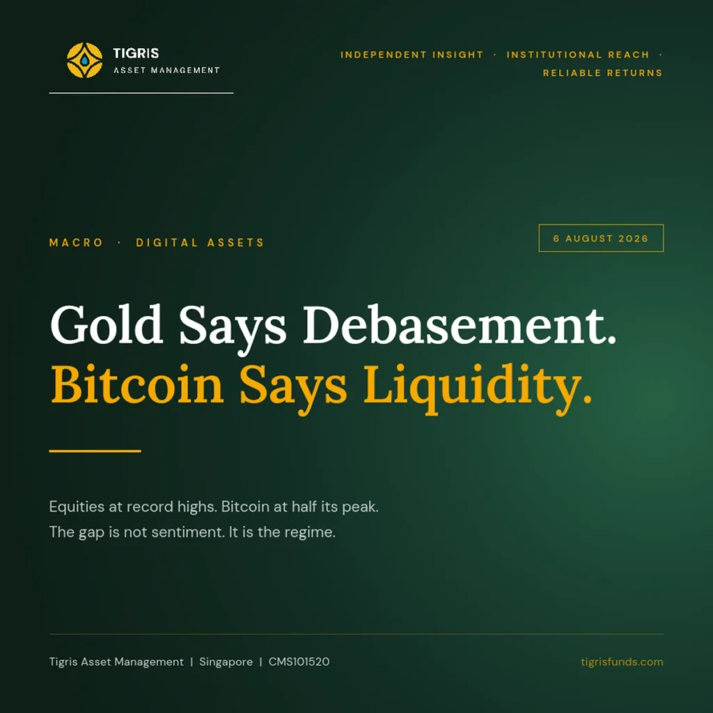 Tigris Asset Management graphic reading Gold Says Debasement, Bitcoin Says Liquidity, on the 2026 bitcoin equity divergence